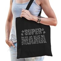 Glitter Super Mama katoenen tas zwart rhinestones steentjes voor dames - Moederdag - Feest Boodschappentassen