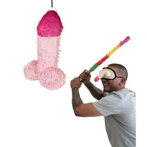 Piemel Pinata feestpakket met stok en piemel oogmasker - papier - 46 x 30 cm - vrijgezellenfeesten