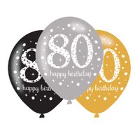 Ballonnen 80 Jaar Happy Birthday Zilver, Goud en Zwart