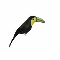 Decoratie kunststof vogel beeldje toekan op clip zwart/geel 18 cm - thumbnail