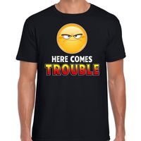 Funny emoticon t-shirt Here comes trouble zwart heren - thumbnail