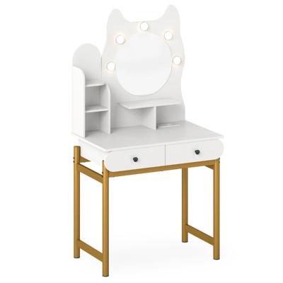 Kaptafel in De Vorm van een Kat met Spiegel Make-uptafel met 3 Verlichtingsmodi Open Planken en 2 Lades Wit