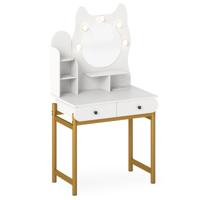 Kaptafel in De Vorm van een Kat met Spiegel Make-uptafel met 3 Verlichtingsmodi Open Planken en 2 Lades Wit