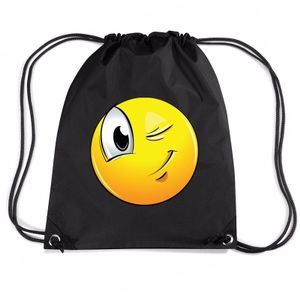 Nylon emoticon smile knipoog rugzak zwart met rijgkoord