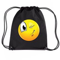 Nylon emoticon smile knipoog rugzak zwart met rijgkoord