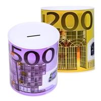 Spaarpot geld thema - 2x stuks - 200 en 500 euro print - 15 cm - spaardoelen