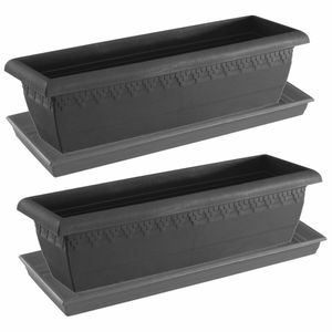 2x stuks antraciet grijze plantenbakken/bloembakken met onderschaal 60 x 20 x 16 cm