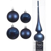Glazen kerstballen pakket donkerblauw glans/mat 38x stuks 4 en 6 cm met piek mat - Kerstbal
