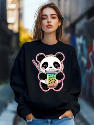 Bon&Bon Women's Panda Cartoon Print Sweatshirt - Loose Long Sleeve Pullover Black / XL