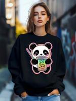Bon&Bon Women's Panda Cartoon Print Sweatshirt - Loose Long Sleeve Pullover Black / XL