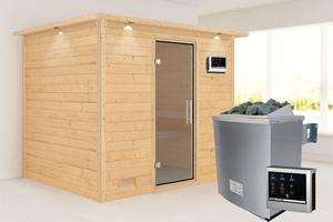 Karibu | Sonara Sauna met Dakkraag | Helderglas Deur | Biokachel 9 kW Externe Bediening