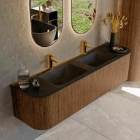 Mondiaz KURVE 170 cm Onderkast Greeploos 1 Lade Met Deuren Walnut, Wastafel Solid Surface Dubbel Urban 2 Kraangaten Zonder Spiegel (KRVCLO170L+R1L2D2KD-Wal/Urb)