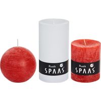 3x Witte/rode woondecoratie kaarsen set rustiek rond 8 cm en stomp/cilinder 7 x 8 cm / 7 x 13 cm - thumbnail