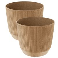 2x stuks moderne carf-stripe plantenpot/bloempot kunststof dia 19.5 cm/hoogte 17 cm eco/aarde beige