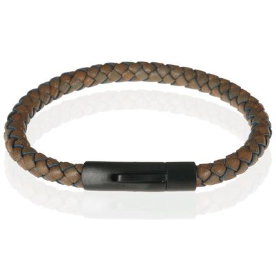 LGT Jewels leren armband Stalen sluiting LichtBruin Zwart-23cm