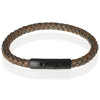LGT Jewels leren armband Stalen sluiting LichtBruin Zwart-23cm