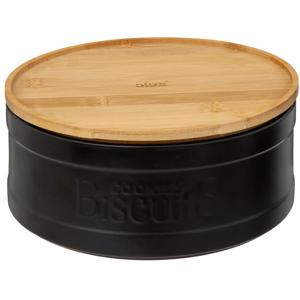 5Five koektrommel/voorraadblik Biscuits - keramiek - met bamboe deksel - zwart/beige - 23 x 10 cm   -