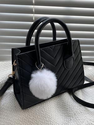 Fashionable Simple Crossbody Bag With Pom Pom Decoration Black / one-size