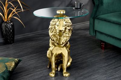 Ronde bijzettafel WILDLIFE LION 60cm Goud Antiek Metaal Glas Leeuw Sculptuur - 44827