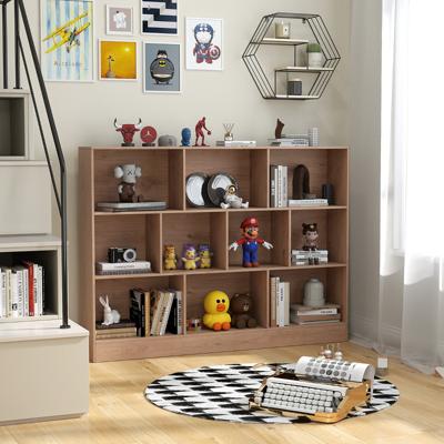 Boekenkast met 10 Sleuven Vrijstaande Opbergkast met 3 Niveaus 140 cm Houten Displayplank voor Woonkamer Slaapkamer Kantoor
