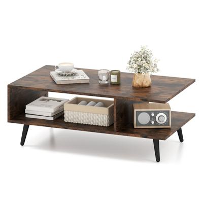 Salontafel 2-Laags Woonkamer Tafel met Open Rek en Metalen Poten Bijzettafel van Hout Bruin 80 x 45 x 30 cm