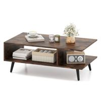 Salontafel 2-Laags Woonkamer Tafel met Open Rek en Metalen Poten Bijzettafel van Hout Bruin 80 x 45 x 30 cm