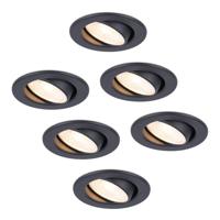 Set van 6 Malta LED inbouwspots - 5 Watt 400 lumen - 2700K warm wit - Dimbaar - Rond - Kantelbaar - IP44 waterdicht - Zwart - Incl. Quick Connector box