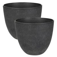 2x stuks plantenpot/bloempot in een natuursteen look Dia 17 cm en Hoogte 15 cm zwart