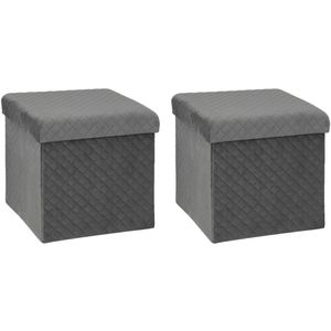 Atmosphera Poef/hocker/voetenbankje - 2x - opbergbox - fluweel donkergrijs - PO/MDF - 31 x 31 x 31 cm - Poefs