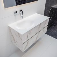 Mondiaz Vica Moon badmeubel wit carrara mat 100 cm 2 lades solid surface enkele spoelbak links zonder kraangat