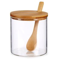 Suikerkom / suikerpotje glas met  bamboe houten lepel en deksel 520 ML   - - thumbnail