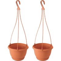 2x Stuks hangende kunststof Agro terracotta bloempot/plantenpot met schotel 2 liter - Plantenpotten - thumbnail