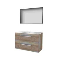 Basic-Line Framed 46 Badkamermeubelset - 100 x 46 cm - Met Grepen - 2 Lades - Keramische Wastafel - 1 Kraangat - Spiegel met Zwart Aluminium Frame - Scotch Oak