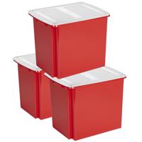 Sunware 3x opslagboxen - kunststof - 45 liter - rood - 45 x 36 x 36 cm - met deksel - kisten