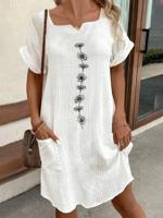 Women's Short Sleeve Cotton Summer White Floral Notched Daily Casual Knee Length Dress - thumbnail