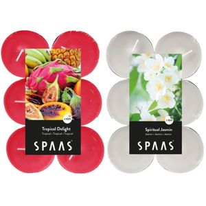 Candles by Spaas geurkaarsen - 24x stuks in 2 geuren Jasmin en Tropical delight