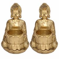 2x Zittende Boeddha waxinelichthouders goud 14 cm - thumbnail