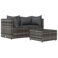 vidaXL 3-delige Loungeset met kussens poly rattan grijs - thumbnail