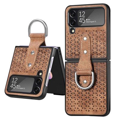 Lunso - Samsung Galaxy Z Flip4 - Kunstleren backcover hoesje met ringhouder - Bruin