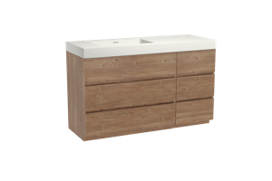 Storke Edge staand badmeubel 140 x 52 cm ruw eiken met Mata High asymmetrisch linkse wastafel in solid surface mat wit