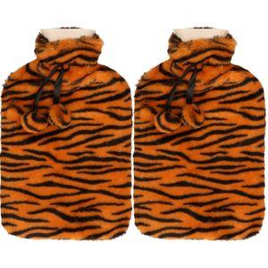 Warmwaterkruik - 2x - met zachte dierenprint hoes - oranje/zwart - 1,75L - kruik