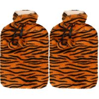 Warmwaterkruik - 2x - met zachte dierenprint hoes - oranje/zwart - 1,75L - kruik - thumbnail