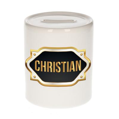 Spaarpot met voornaam Christian - wit - goud/zwart embleem - 8 x 9 cm - keramiek - afsluitdop Spaarpot met voornaam Christian - wit - goud/zwart embleem - 8 x 9 cm - keramiek - afsluitdop