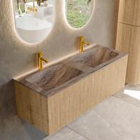 Badmeubel Mondiaz Kurve-Dlux | 120 cm | Meubelkleur Oak | Wastafelkleur Oza | Solid surface | Wasbak beide zijden spoelbak | 2 kraangaten