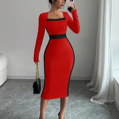 Bon&Bon Navy Blue Colorblock Bodycon Maxi Dress | Square Neck Long Sleeve Red / S