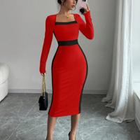 Bon&Bon Navy Blue Colorblock Bodycon Maxi Dress | Square Neck Long Sleeve Red / S