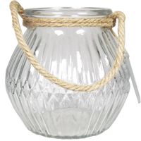 Glazen ronde windlicht  Crystal 2,5 liter met touw hengsel/handvat 16 x 14,5 cm   -
