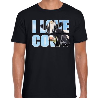 Tekst t-shirt I love cows met dieren foto van een koe zwart voor heren