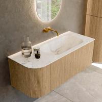 Mondiaz KURVE-DLUX 115 cm Onderkast Greeploos 1 Lade Met Deuren Oak, Wastafel Solid Surface Rechts Frappe 0 Kraangaten Zonder Spiegel (KRVBGS115L1L1D0KR-Oak/Fra)