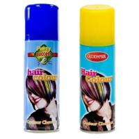 Carnaval verkleed haarverf - haarspray - kleuren geel en blauw - 125 ml per flacon Carnaval verkleed haarverf - haarspray - kleuren geel en blauw - 125 ml per flacon